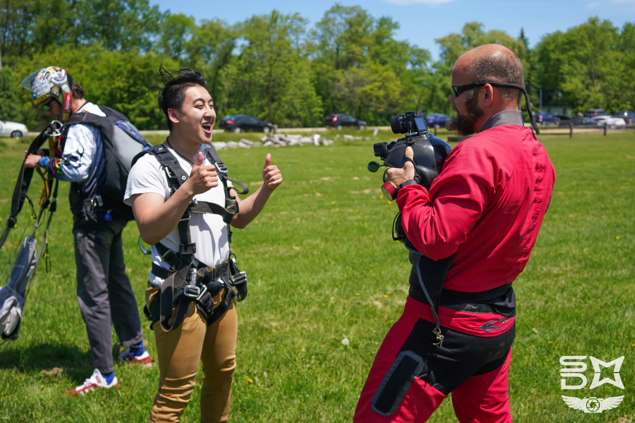 Tandem Skydiving student smiling after landing from a jump.