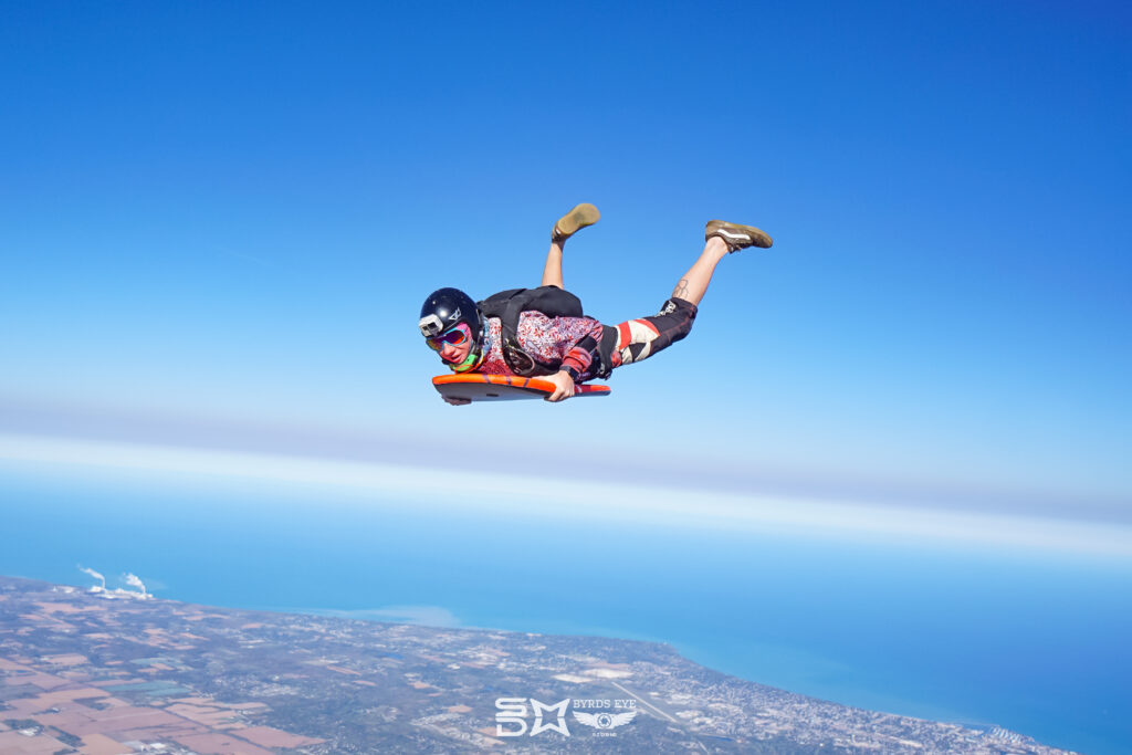 Skydiver in freefall over Lake Michigan